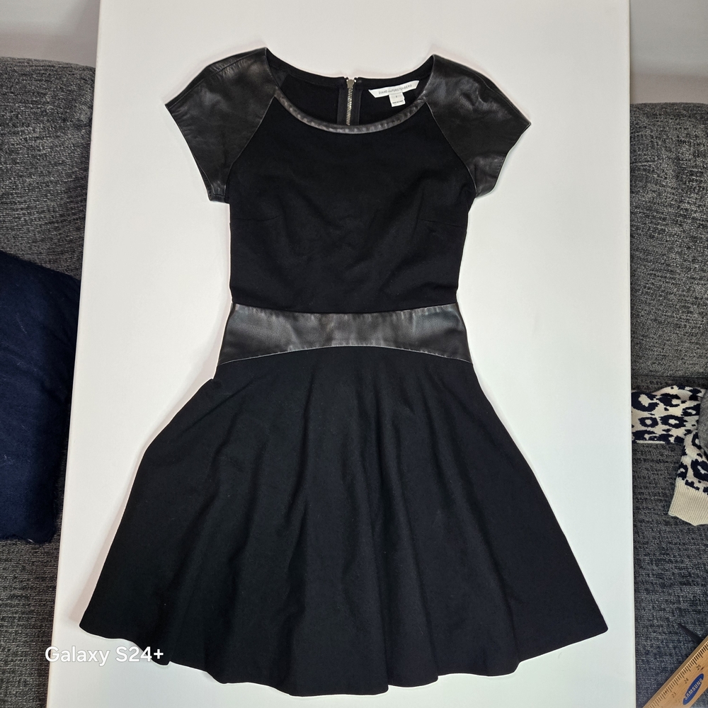 Diane Von Furstenberg Women's Black Fit-and-Flare Dress with Leather Trim